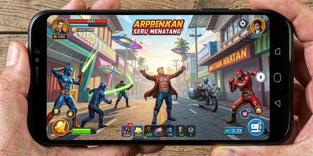 Screenshot menunjukkan gameplay menantang dalam game Arcade 8055.