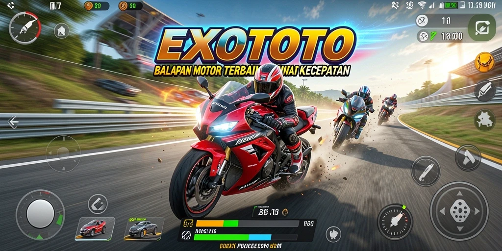 Gameplay seru EXOTOTO dengan balapan motor cepat.