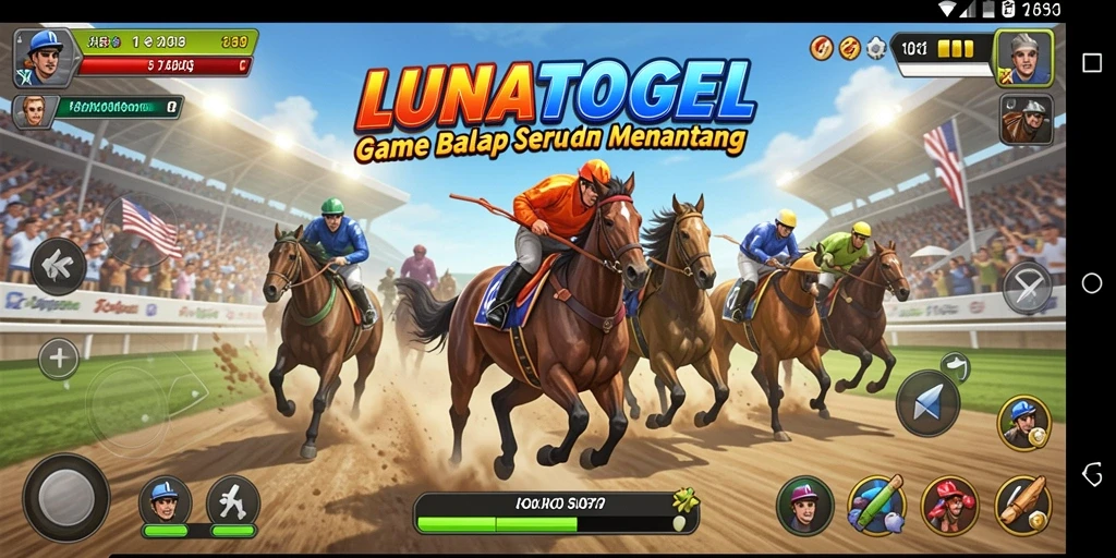 Tampilan gameplay LUNATOGEL dengan mobil balap yang melaju kencang.